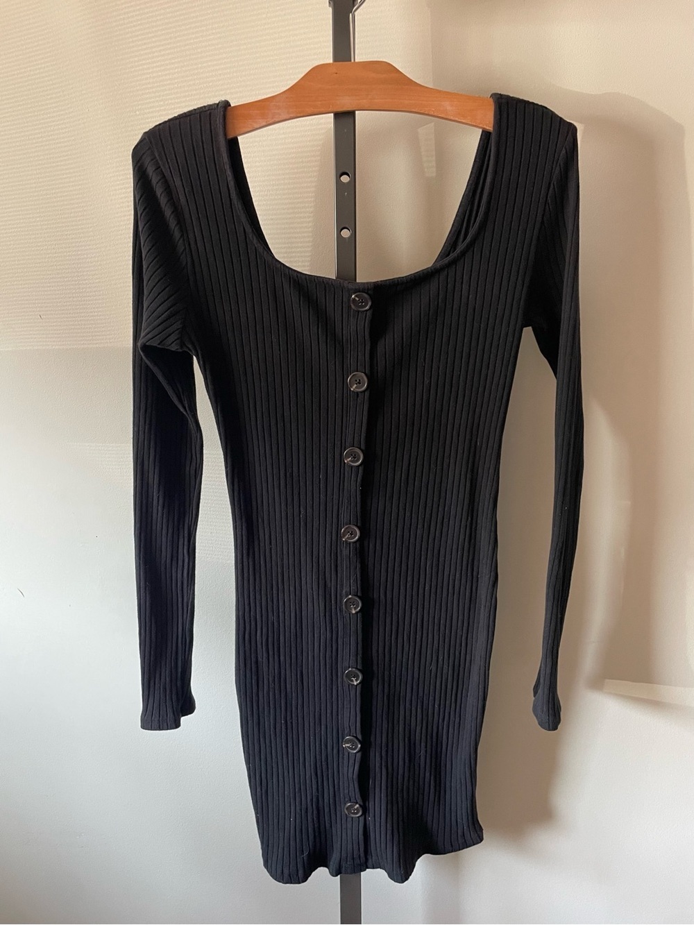 Active USA Ribbed Bodycon Front Button Down Knit Long Sleeve Mini Dress